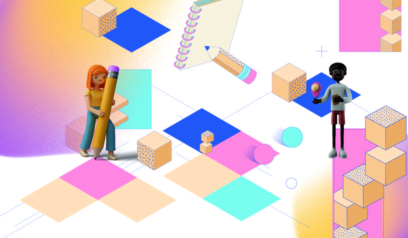 visuel du concours comportant carrés de couleurs et personnages en 3D tenant des crayons
