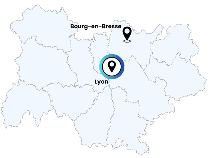 Carte de la région Aura avec localisation de Lyon et Bourg-en-Bresse